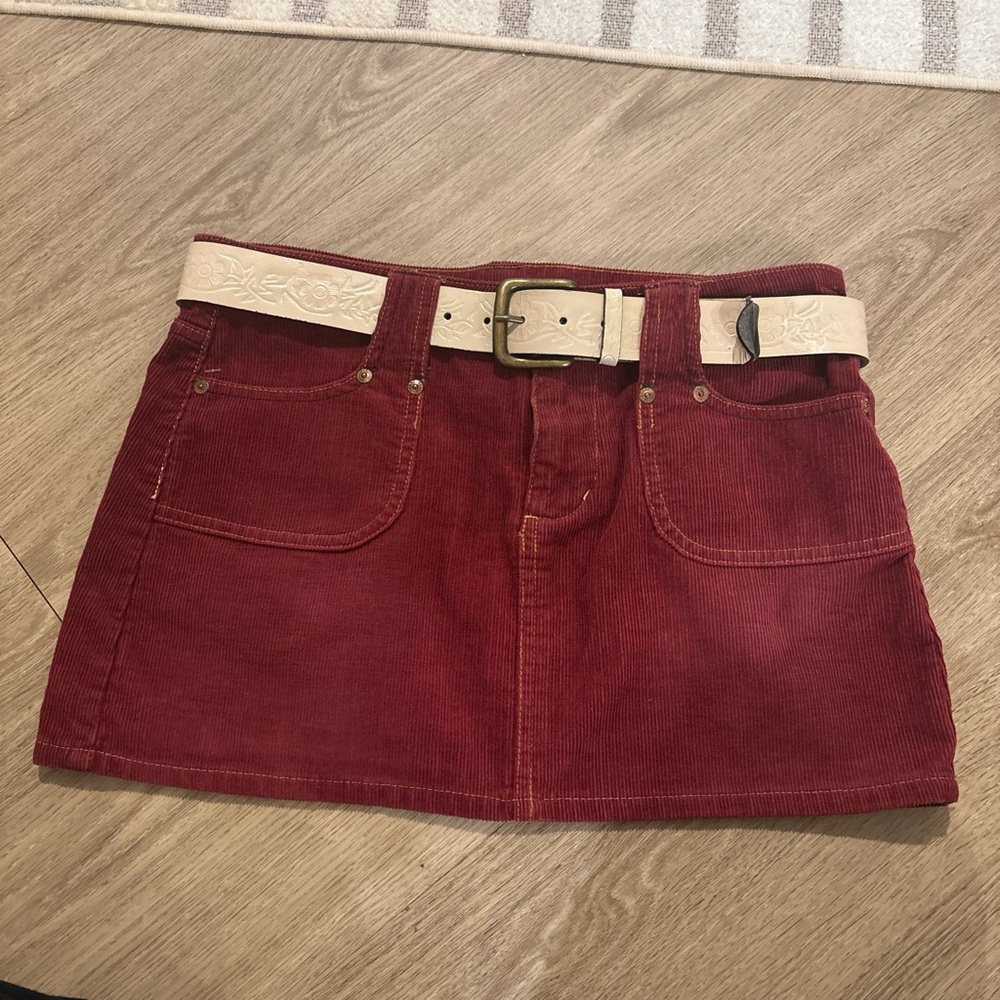 Y2K Bongo Corduroy Mini Skirt with Embossed Cream Belt